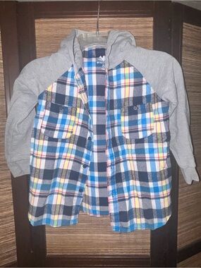 Kids Hooded Plaid Button-Down Shirt Jacket - Blue & Gray